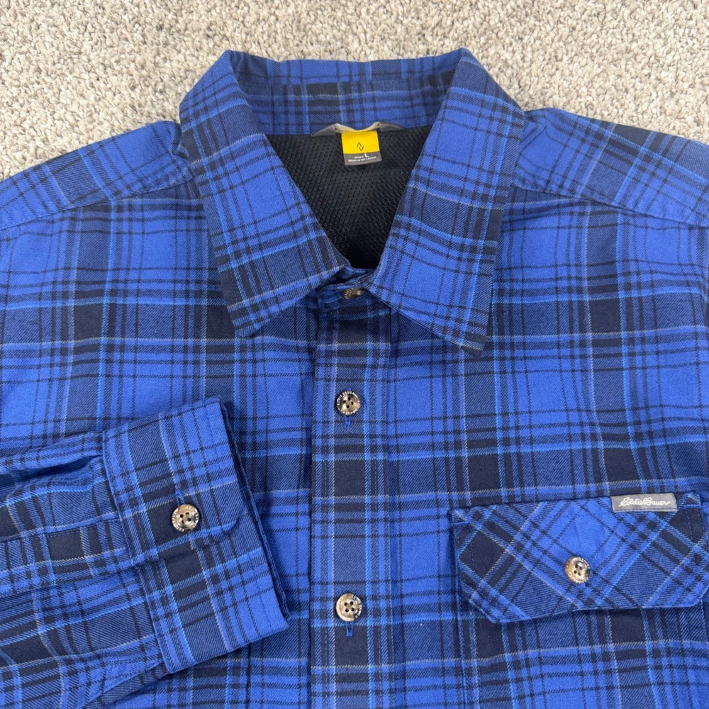 Eddie Bauer Mens Blue Black Plaid Flannel Shirtโ L Long Sleeve Polyester